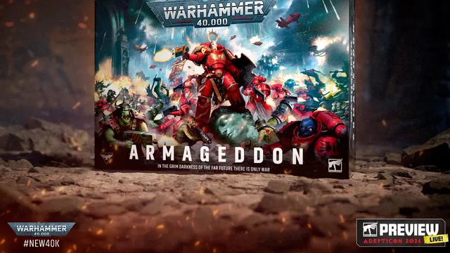 A dynamic box cover for "Warhammer 40,000: Armageddon" features a fierce battle scene between Space Marines and Orks. Prominent in the foreground is a red-armored Space Marine wielding a bolter, while various Ork figures are depicted in aggressive poses. The title "ARMAGEDDON" is displayed boldly at the bottom, accompanied by the tagline "In the grim darkness of the far future there is only war."