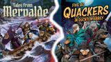 The image features two book covers side by side. On the left, "Tales from Mervalde" showcases a dramatic scene with adventurers in a boat navigating turbulent waters, surrounded by dark trees and a stormy sky. On the right, "Five Go Quackers in Duckton Abbey" displays a group of anthropomorphic ducks and a wolf, dressed in adventurer attire, set against a moonlit backdrop, emphasizing a humorous and whimsical tone. The titles are prominently displayed in bold, eye-catching fonts.