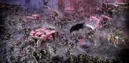 A dynamic scene showcases a multitude of Emperor's Children miniatures, prominently featuring pink-armored Chaos Space Marines amidst a dark, atmospheric backdrop. In the foreground, a striking figure with bat-like wings and elaborate armor stands out, surrounded by various other miniatures, including soldiers in tattered clothing. The setting is filled with gothic architecture and hints of chaos, enhancing the overall theme of hedonism and decay.