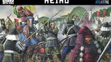 A dynamic illustration showcases a chaotic battle scene from Sengoku-era Japan, featuring armored samurai and ashigaru warriors engaged in combat. Prominent figures include a horse-mounted samurai wielding a spear, flanked by foot soldiers in traditional armor, all set against a backdrop of waving banners and a hilly landscape. The title "HEIHO" is displayed at the top, with "MASS BATTLE SAMURAI GAME" prominently featured at the bottom.