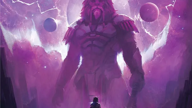 Traveller: The Aslan Hierate, large lion-like figure, small figure with sword, purple space backdrop