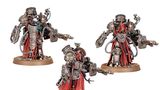 Three Myrmidon Destructor miniatures stand prominently, showcasing their imposing designs. Each figure features a combination of metallic armor and flowing red robes, with intricate mechanical details and various weaponry, including large energy cannons. The miniatures are posed dynamically, emphasizing their role as formidable combatants within the Mechanicum's martial forces.
