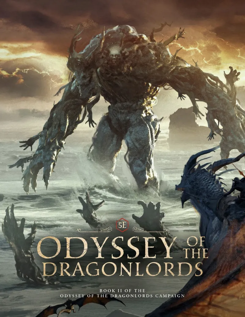 Giant tree-like creature emerging from water, text "5E ODYSSEY OF THE DRAGONLORDS"