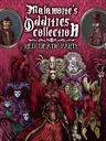 Five stylized figures in elaborate, gothic attire pose against a dark red background. Two circular portraits show a man in a top hat and another in a dark coat. Central text reads: "Malamorte’s Oddities Collection: Red Death Party."