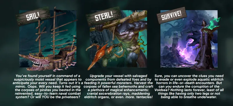 A split image features two distinct scenes related to the Voidsea campaign. On the left, a muscular humanoid creature with shark-like features wields a large wooden club, accompanied by a smaller, fish-like creature, both set against a dark, watery background. The word "STEAL!" is prominently displayed above them. On the right, a stormy seascape shows a lighthouse amidst ominous waves and lightning, with the text "SURVIVE!" above, hinting at the dangers of the Voidsea.