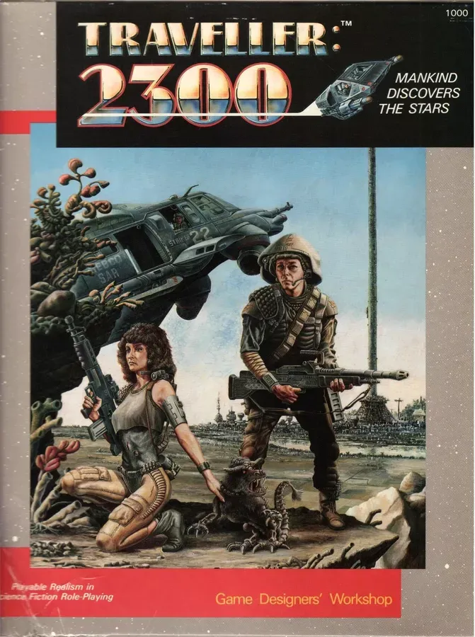 A dramatic cover illustration features two armed characters in a desolate landscape, with a futuristic helicopter hovering above them. The female character, crouched and holding a weapon, has curly hair and wears tactical gear, while the male character stands beside her, also armed, with a serious expression. In the foreground, a small creature resembling a dog is present, adding a touch of life to the otherwise stark environment filled with alien flora and distant structures.