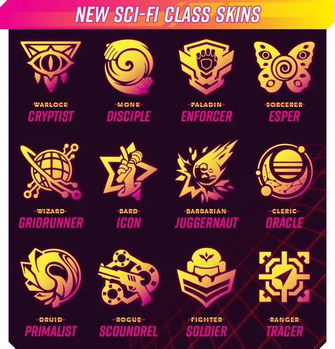 A grid of vibrant icons representing new sci-fi class skins for a Dungeons & Dragons game. Each icon features a unique design and color scheme, predominantly in shades of yellow and pink against a dark background. The classes include Cryptist (Warlock), Disciple (Monk), Enforcer (Paladin), Esper (Sorcerer), Gridrunner (Wizard), Icon (Bard), Juggernaut (Barbarian), Oracle (Cleric), Primalist (Druid), Scoundrel (Rogue), Soldier (Fighter), and Tracer (Ranger).