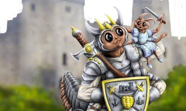 A whimsical illustration features a large, anthropomorphic creature resembling a knight, complete with armor and a crown, holding a shield adorned with a castle emblem. Perched on its shoulder is a smaller creature dressed in blue, while a tiny dragon-like figure stands beside them, also in armor. The background showcases a blurred castle and green grass, creating a playful and fantastical atmosphere.