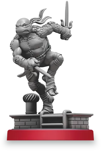 A detailed gray miniature of Leonardo, one of the Teenage Mutant Ninja Turtles, is depicted in a dynamic pose, ready for action. He is holding two swords, with his signature blue mask and bandana flowing behind him. The figure stands on a small base designed to resemble a brick platform, emphasizing his agile and combat-ready stance.