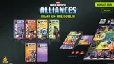 A collection of character cards from the game "Marvel: Crisis Protocol Alliances: Night of the Goblin" is displayed on a dark background. The cards feature various characters, including the Green Goblin, War Goblin, Spider-Slayer, and Goblin Army goons, each with distinct artwork and stats. In the lower section, two additional Green Goblin cards are shown, detailing abilities and effects, while a set of action tokens and dice are positioned in the bottom right corner, indicating gameplay elements.