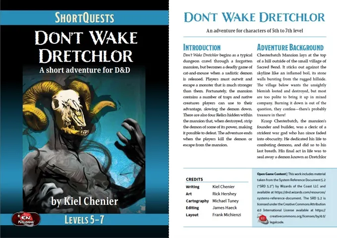 A pocket-sized book cover titled "Don't Wake Dretchlor," designed for Dungeons & Dragons, features a menacing creature with horns and a sinister expression on the left side. The right side includes the title prominently displayed, along with a brief introduction and adventure background. The overall design is colorful and engaging, with a layout that highlights the adventure's details, including the levels it targets (5-7) and credits for the contributors.
