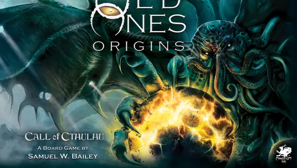 "OLD ONES ORIGINS" text, tentacled creatures, fiery explosion.
