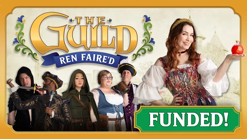 "The Guild Ren Faire'd" with five costumed people and a green "FUND" banner.