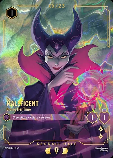 Maleficent holding a glowing orb, text "MALEFICENT Biding Her Time"