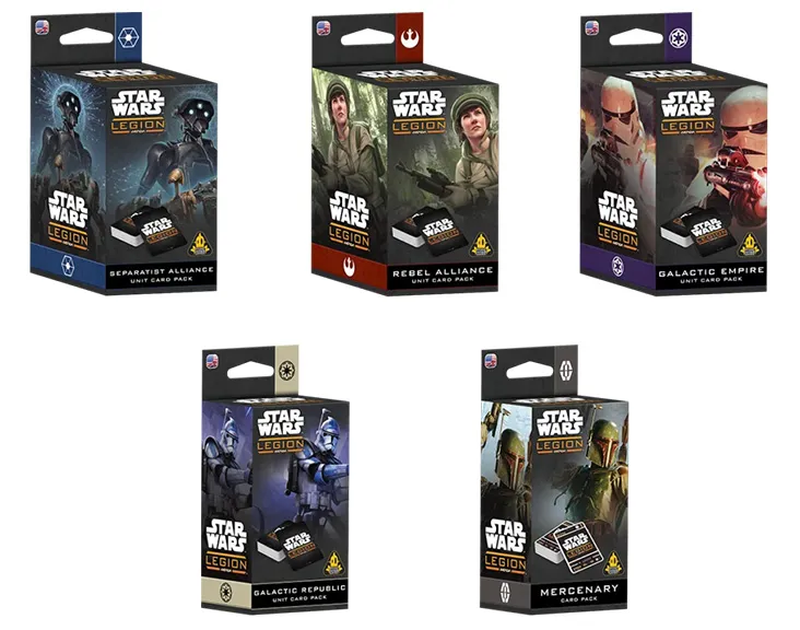 Five distinct card packs for Star Wars: Legion are displayed, each featuring unique artwork and color schemes. The packs include the 