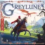 A knight in red cloak and armor rides a brown horse toward a castle on a hill. A red dragon flies above, and a black wolf stands below. Green hills and a village with people are in the background. The word "Greylune" is displayed in a decorative blue letter "G" with ornate borders.