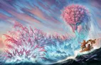 Fantastical underwater scene with glowing pink tree atop waves, two figures riding a large, winged sea creature through turbulent blue water, surrounded by coral-like formations.