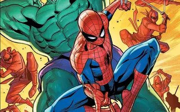 Spider-Man crouching, Hulk and ninjas fighting, text "SPIDER-MAN MIDTOWN MAYHEM ONE-SHOT ADVENTURE"