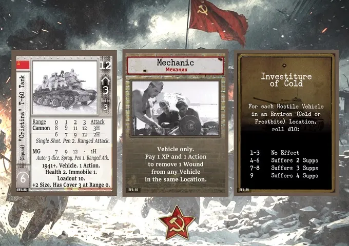 Three cards from a tabletop wargame. The left card shows a black-and-white illustration of soldiers on a tank, with attack tables and text: "Shot. Pen 2. Ranged Attack. 0 1 2 3 Attack 8 9 11 12 3H 6 7 9 12 2H 4 5 7 9 12 -1H Device. Spray. Pen 1. Ranged Atk. +1. Vehicle. 1 Action. Health 2. Immobile 1. Loadout 10. Has Cover 3 at Range 0." The center card is titled "Mechanic" with Russian text "Механик" below, showing a black-and-white photo of three men working on a vehicle, and text: "Vehicle only. Pay 1 XP and 1 Action to remove 1 Wound from any Vehicle in the same Location." The right card is titled "Investigation of Cold" with text: "For each Hostile in an Environ (Frostbite) Location roll d10. 1-3 No Effect