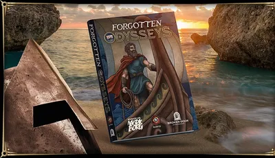 Standing upright on a rocky surface near a body of water is a tabletop role-playing game box set titled "Forgotten Odysseys." The box features an illustration of a bearded man in ancient Greek-style armor and a blue-green cloak, holding a spear and a coiled rope. He stands on the deck of a wooden ship with a carved figurehead at the bow. The background shows a rocky shoreline with waves crashing, and a sunset sky with clouds and distant landforms.

The box spine displays the title "Forgotten Odysseys" vertically in large, stylized white letters. Below the title, the text reads "Mirk Borg" in a smaller, stylized font. At the bottom of the box, logos for "BadEye" and "Broken Door Entertainment" are visible. The edge of another box or object is partially visible to the left.
