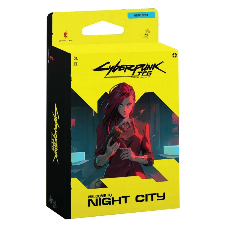 A brightly colored packaging for the Cyberpunk Trading Card Game features a striking illustration of a character with long red hair, holding a gun, set against a backdrop of a futuristic urban environment. The box is predominantly yellow with bold black text that reads "Cyberpunk TCG" and "WELCOME TO NIGHT CITY." The design emphasizes a sleek, modern aesthetic, reflecting the game's cyberpunk theme.