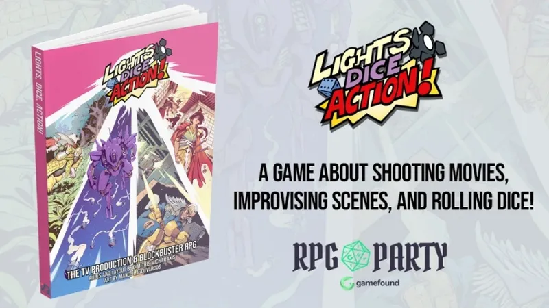 The image shows a promotional graphic for "Lights Dice Action!" featuring the game's logo in bold, colorful text with a stylized explosion effect. To the left, there is a partial view of the game's cover art, depicting animated characters in action poses, including a figure in a red outfit and another with white hair. Below the logo, the text reads: "A GAME ABOUT SHOOTING, IMPROVISING SCENES, AND." In the bottom right corner, the "RPG PARTY" logo is visible, accompanied by the Gamefound logo, which includes a green d20 icon. The background is a light gray with faint outlines of mecha-like figures.