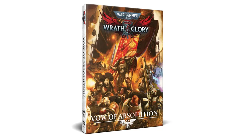 A physical edition of "Warhammer 40,000: Wrath & Glory, Vow of Absolution" is displayed, featuring a striking cover illustration. The artwork depicts Astartes warriors in battle, with one prominently wielding a sword and a banner, set against a fiery backdrop. The title "VOW OF ABSOLUTION" is clearly visible at the bottom, along with the "Wrath & Glory" logo at the top.