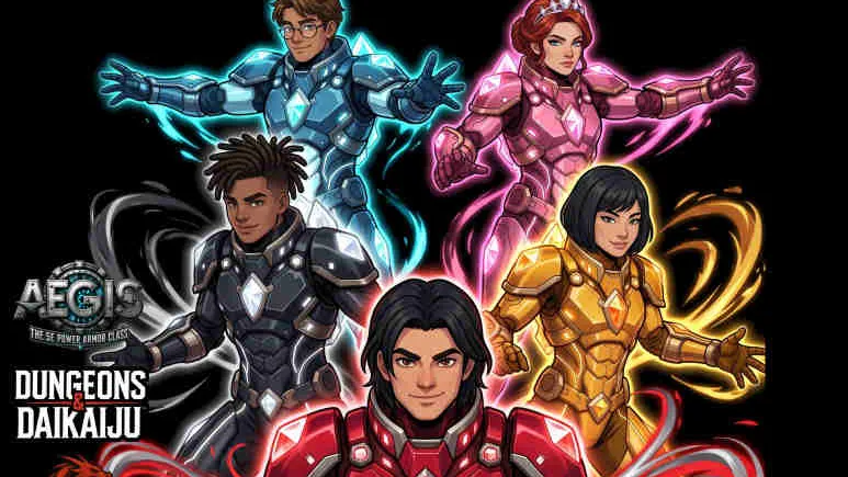 Five characters in colorful power armor suits pose dynamically. Left to right: a black-and-silver armored hero with glowing fists, a teal-clad hero with glowing hands, a pink-suited hero with glowing wings, and a gold-armored hero with a glowing sword. Center: a red-armored hero with a star emblem.