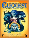 The cover of the ElfQuest roleplaying game box. At the top, the title "ElfQuest" is in large blue stylized letters, with the subtitle "The Official Roleplaying Game" beneath it in smaller black text. In the center, a blonde elf with pointed ears and a yellow outfit holds a dagger, standing on the back of a gray wolf with its mouth open. Behind them, a large blue panther-like creature looms, and a blue-skinned figure with long black hair and a white outfit is partially visible. The background is a gradient of yellow and orange. In the bottom right corner, the text "Pini 83" is visible.