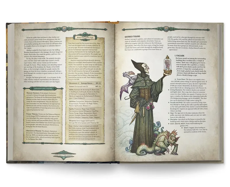 Open book with text and illustration of a robed figure holding a glass orb, accompanied by a small dragon.