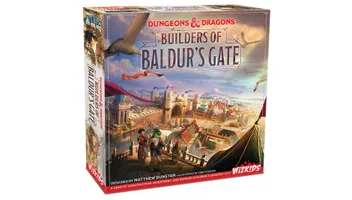 A colorful game box for "Builders of Baldur's Gate," featuring the title prominently at the top along with the "Dungeons & Dragons" logo. The artwork depicts a vibrant cityscape of Baldur's Gate, showcasing various buildings, towers, and characters, including a humanoid figure in a green outfit and others engaged in activities. The box also includes the designer's name, Matthew Dunstan, and the publisher's logo, WizKids, at the bottom.