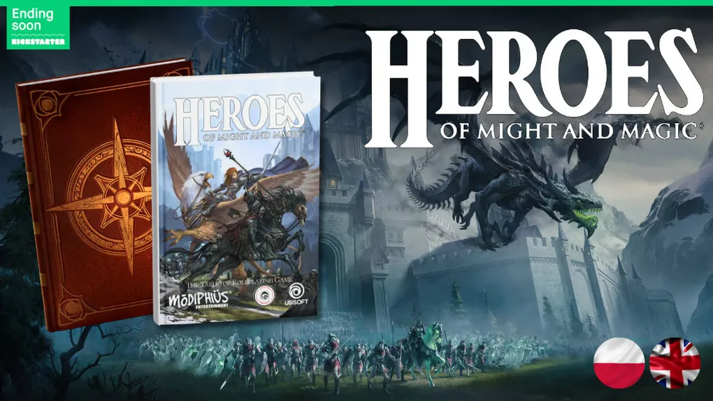 A prominent book cover titled "HEROES OF MIGHT AND MAGIC" features a dynamic illustration of armored heroes on horseback, preparing for battle against a large, menacing dragon. In the background, a castle looms under a stormy sky, while a crowd of soldiers gathers in the foreground. Flags representing Poland and the United Kingdom are displayed at the bottom right corner.