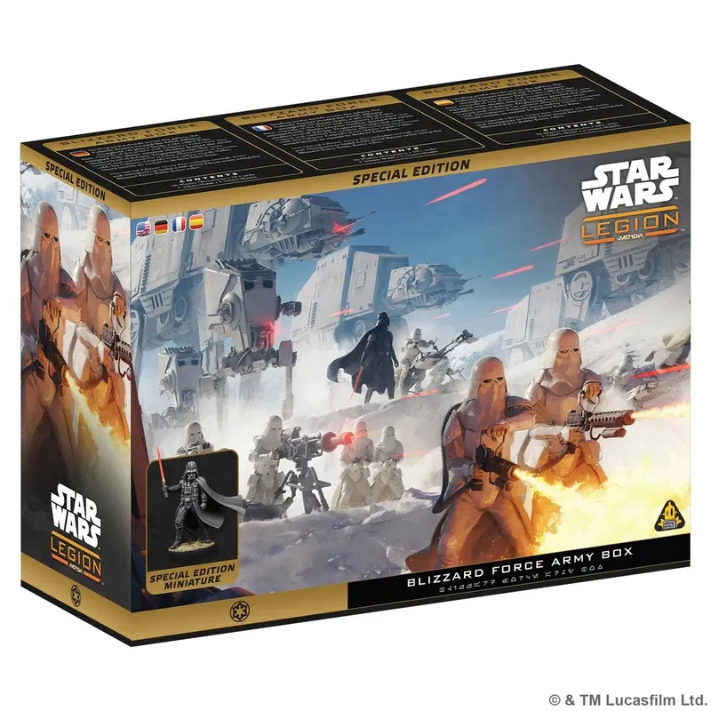 A box for the "Blizzard Force Army" set from Star Wars: Legion features a dynamic illustration of Imperial snowtroopers in a snowy landscape, with AT-AT walkers and other vehicles in the background. The foreground includes a special edition miniature of Darth Vader, depicted with his lightsaber drawn. The packaging prominently displays the "Special Edition" label and the Star Wars: Legion logo, emphasizing its collectible nature.