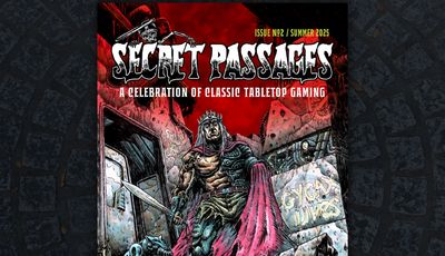 A vibrant comic-style cover for "Secret Passages Issue 2" features a muscular, armored figure with a crown and flowing red cape, standing confidently amidst a gritty, urban backdrop. The character wields a sword and is surrounded by crumbling walls adorned with graffiti, evoking a sense of adventure and nostalgia for classic tabletop gaming. The title is prominently displayed at the top in bold, stylized lettering, with a red and black color scheme enhancing the dramatic atmosphere.