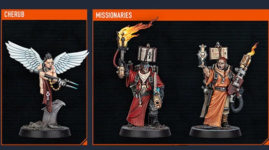 The image features three miniatures from the upcoming Kill Team expansion. On the left is a cherub with white wings, holding a small weapon, standing on a rocky base. To the right are two ecclesiarchal militiamen, both dressed in brown robes with various accessories; one wields a torch with flames, while the other carries a large device on their back and holds a weapon. The background is dark, emphasizing the details of the miniatures.