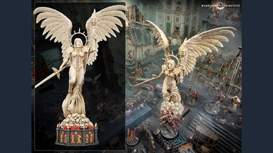The image features a striking shrine statue of an angelic figure with large, detailed wings and a sword, standing atop a base adorned with skulls and intricate designs. The statue is presented in two views: one close-up showcasing its ornate features and another wider shot that places it within a detailed tabletop gaming setting, surrounded by various miniatures and terrain elements. The overall color scheme is predominantly light, emphasizing the statue's ethereal quality against the darker, chaotic backdrop of the game environment.