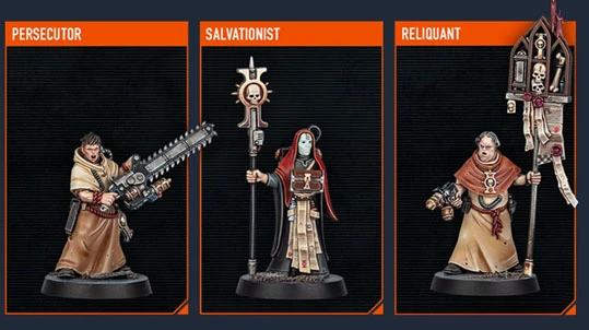 The image features three miniature figures from the upcoming Kill Team expansion by Games Workshop. On the left is the "Persecutor," a militiaman wielding a chainsaw-like weapon, dressed in a brown robe. In the center stands the "Salvationist," a figure draped in red and black robes, holding a staff adorned with a skull symbol. On the right is the "Reliquant," who carries a large, ornate banner and wears a similar brown robe, adding to the ecclesiastical theme of the Sanctifiers. Each figure is intricately detailed, showcasing the distinctive aesthetic of the Warhammer 40,000 universe.