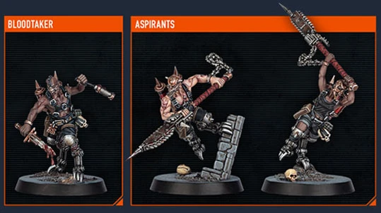 The image features three miniatures from the upcoming Kill Team expansion. On the left is the Bloodtaker, a muscular figure adorned with chains and weapons, showcasing a fierce expression and a menacing stance. In the center are two Aspirants, both in dynamic poses; one is mid-leap with a weapon raised, while the other stands on a stone base, brandishing a large weapon. Each miniature is intricately detailed, reflecting the chaotic and brutal aesthetic of the Goremongers faction.