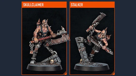 The image features two miniatures from the upcoming Kill Team expansion. On the left is the Skullclaimer, a muscular figure adorned with spikes and chains, wielding a large, menacing axe. On the right is the Stalker, posed dynamically with a weapon raised, showcasing intricate details and a fierce expression, standing on a base that includes skulls and debris. Both miniatures reflect the chaotic and aggressive aesthetic typical of the Goremongers faction.