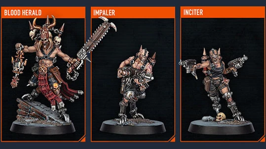 The image showcases three miniatures from the upcoming Kill Team expansion. On the left is the Blood Herald, a large figure adorned with skulls and wielding a massive chainsaw-like weapon, standing on a rocky base. In the center is the Impaler, a more compact figure equipped with a spear and wearing rugged armor, while on the right is the Inciter, who holds a firearm and features a dynamic pose, both standing on circular bases. Each miniature exhibits intricate details and a fierce aesthetic, fitting the chaotic theme of the Goremongers.