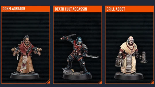 The image features three miniature figures from the Games Workshop universe, each displayed in a vertical arrangement with their names at the top.
On the left, the Conflagrator is depicted wearing a long, flowing robe with intricate details, holding a device in one hand. The center figure, the Death Cult Assassin, is in a dynamic pose, dressed in dark attire with a mask and wielding a weapon. On the right, the Drill Abbot stands confidently, clad in a robe and holding a container, showcasing a more imposing presence. The background is a dark, textured surface that enhances the details of the miniatures.