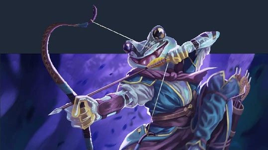 A humanoid frog character is depicted in a dynamic pose, drawing a bow with an arrow aimed forward. The character wears a blue and gold outfit, with a sash around the waist and a quiver of arrows on their back. The background features a dark, shadowy jungle atmosphere, enhancing the sense of adventure and mystery. The character's large, expressive eyes and webbed fingers add to their unique, fantastical appearance.