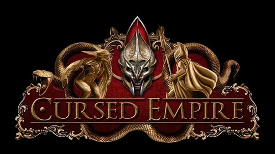 The logo for "Cursed Empire" features a striking design with a central, ornate helmet-like figure, flanked by two stylized characters—one resembling a serpent and the other a cloaked figure. The background is a deep red, enhancing the dramatic effect, while the title "CURSED EMPIRE" is prominently displayed in bold, gold lettering at the bottom. Intricate details and textures add depth to the overall composition, evoking a sense of epic dark fantasy.