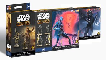 Two boxes from the "Star Wars: Legion" tabletop game are displayed side by side. On the left, the "BX-Series Droid Commandos" box features a blue droid with a weapon, set against a vibrant red and orange background depicting other droids in action. On the right, the "Imperial Special Forces" box showcases a dark-clad soldier aiming a weapon, with a dramatic backdrop of blue tones and red highlights, emphasizing a tense atmosphere.
