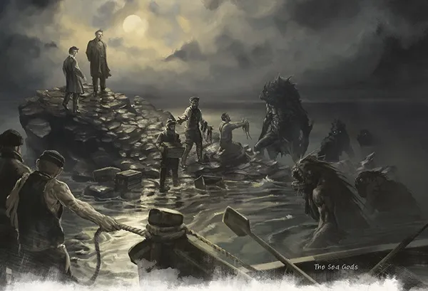 Men on rocky shore at night, sea monsters emerging, boat wreckage, text "The Sea Gods"