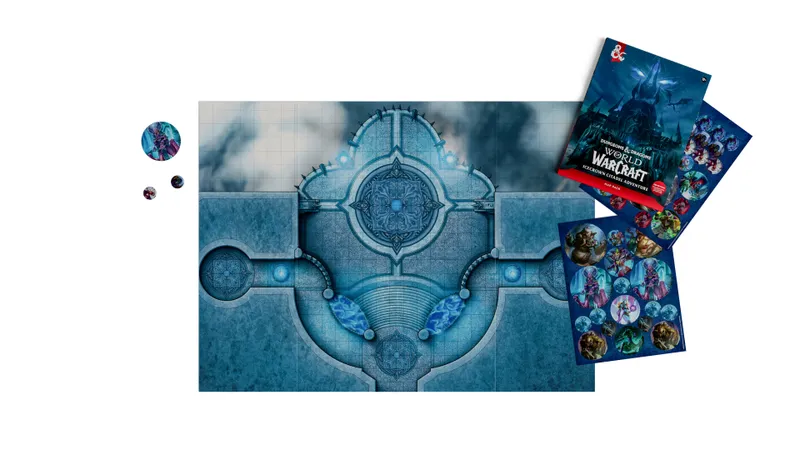 Blue fantasy map with intricate designs, two booklets titled "Dungeons & Dragons World of Warcraft Icecrown Citadel Adventure Map Pack"