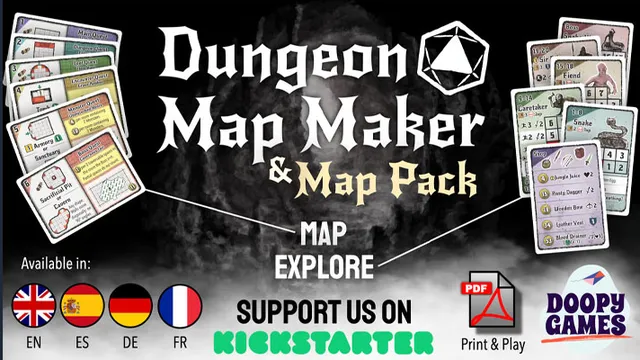 The image features promotional artwork for the "Dungeon Map Maker & Map Pack" Kickstarter by Doopy Games. The title is prominently displayed in a bold, stylized font, with a geometric symbol above it. Surrounding the title are various game elements, including cards showcasing character stats and abilities, and icons indicating language availability (English, Spanish, German, and French). The bottom of the image includes a call to action to support the project on Kickstarter, along with logos for PDF and print options. The background has a dark, atmospheric design that evokes a fantasy theme.