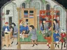 "The Merchant's Ledger" text above a medieval shop scene with people and goods.