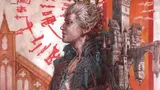 Man with spiked blond hair, wearing a dark, armored vest over a torn shirt, stands in a gothic cityscape. Red blood-like streaks and symbols appear in the sky. Title reads "Baldur’s Gate". Small label shows "Cover B" and issue number "1".