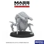 A detailed miniature of a creature from the Mass Effect universe, featuring a bulbous body with intricate mechanical details and multiple spindly legs. The figure is presented in a light gray resin, showcasing its complex design, including tubes and appendages. It stands on a circular black base, emphasizing its presence as a gaming piece.